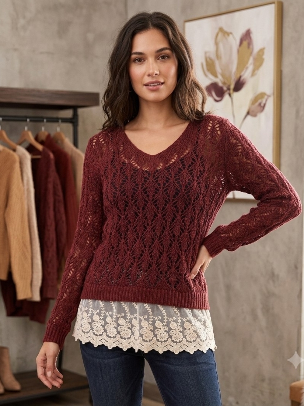 Blu Pepper Open-Knit V-Neck Sweater - Burgundy
